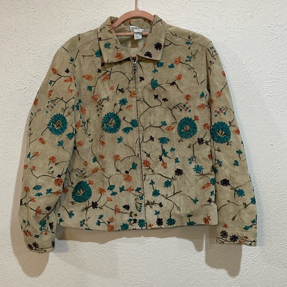 CHICO'S LIGHT TAN SUEDE LEATHER JACKET WITH ALL OVER FLORAL EMBROIDERY- SIZE 1